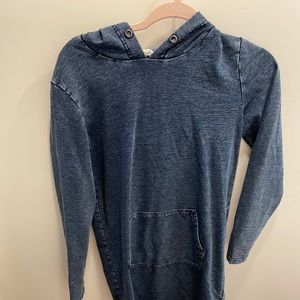 Long denim colored hooded sweater.